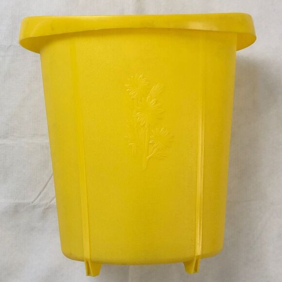 Vintage Yellow Embossed Floral Footed Wastebasket 1970s Small Trash Can 13" - Picture 2 of 12